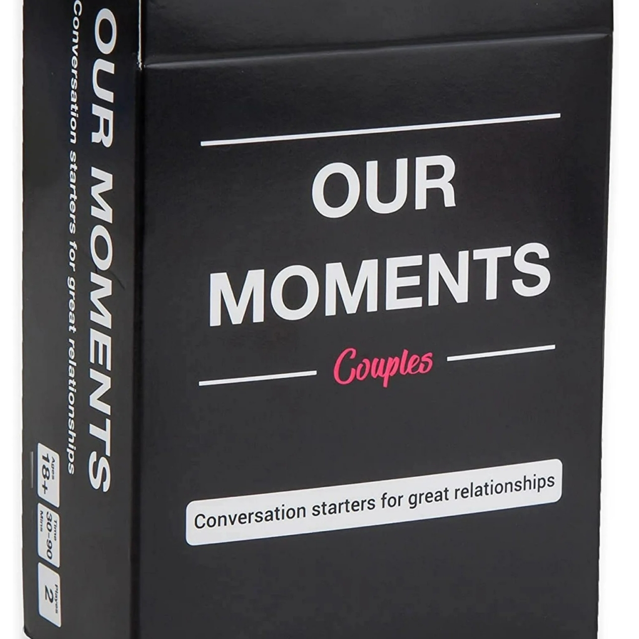 Close-up of the Our Moments Couples game cards, featuring examples of conversation starter prompts.