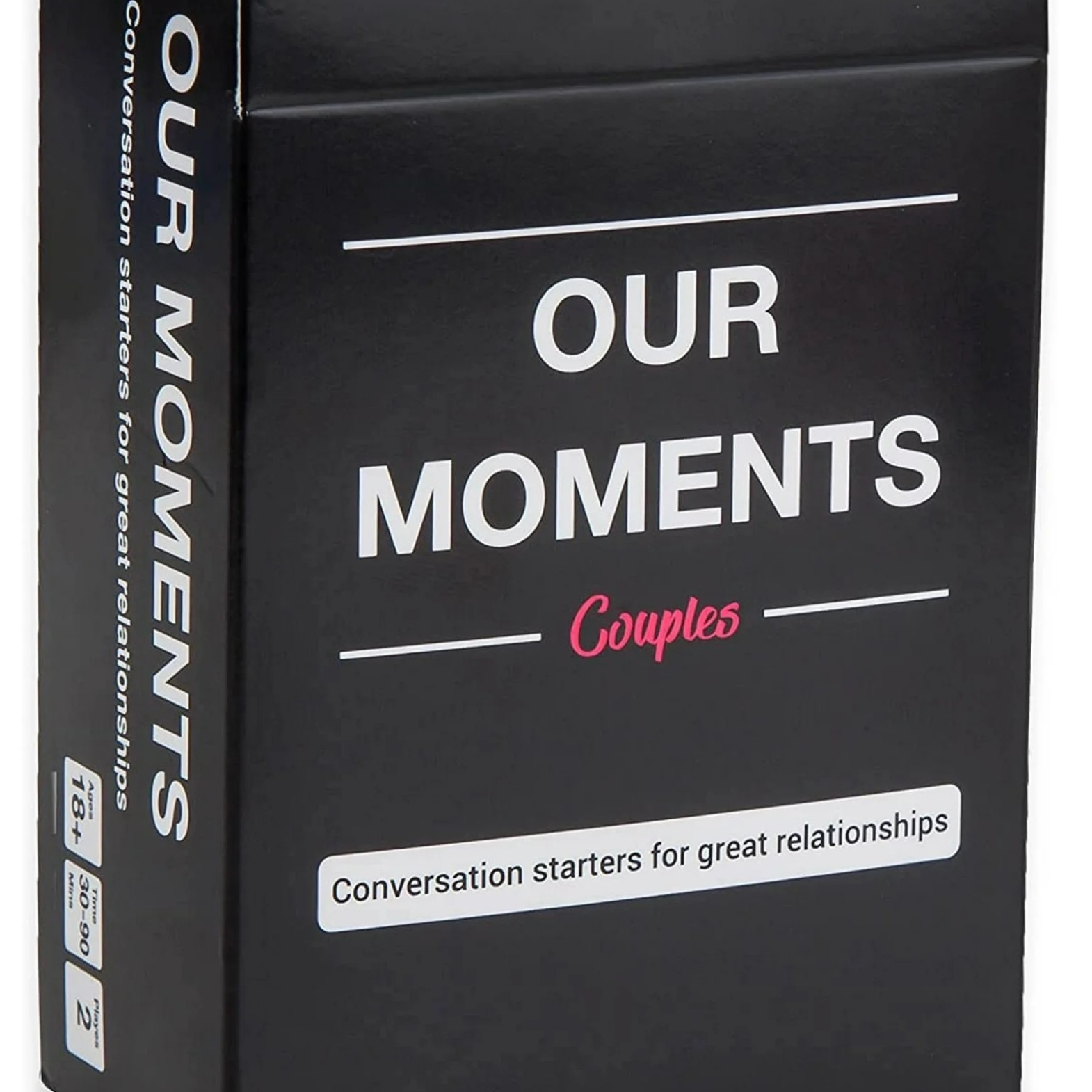 Close-up of the Our Moments Couples game cards, featuring examples of conversation starter prompts.