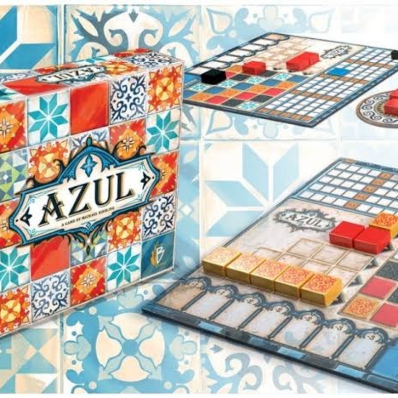 Close-up of premium resin tiles from the Azul strategy board game.
