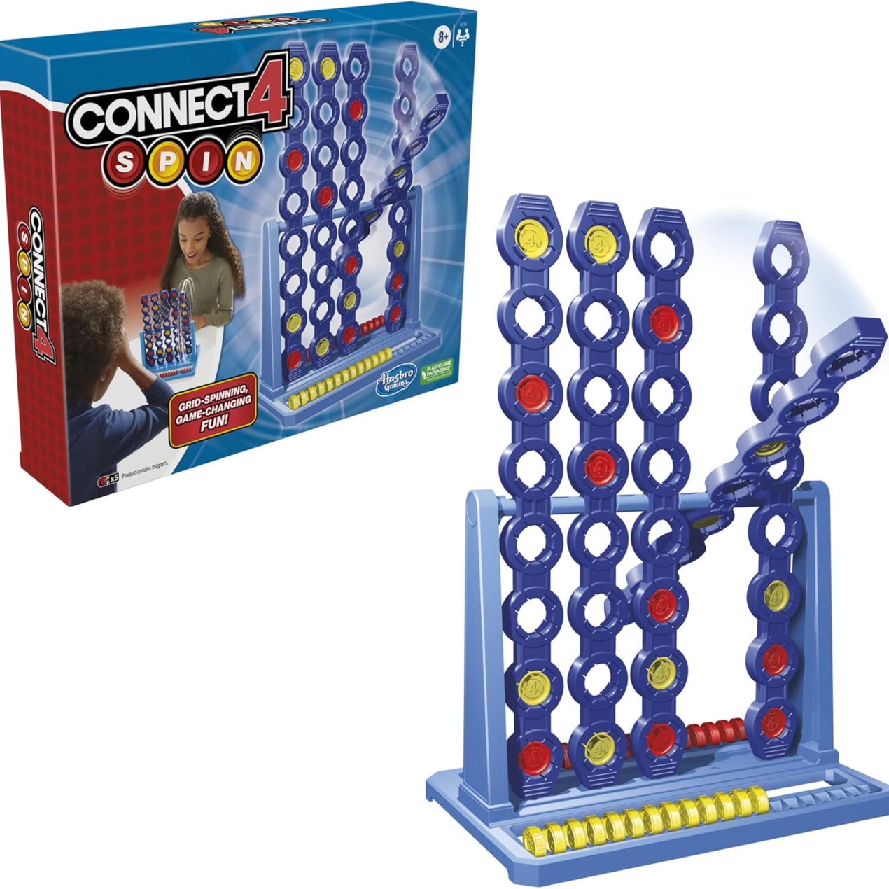 The Connect 4 Spin board game grid showing the unique spinning mechanism and red and yellow discs.
