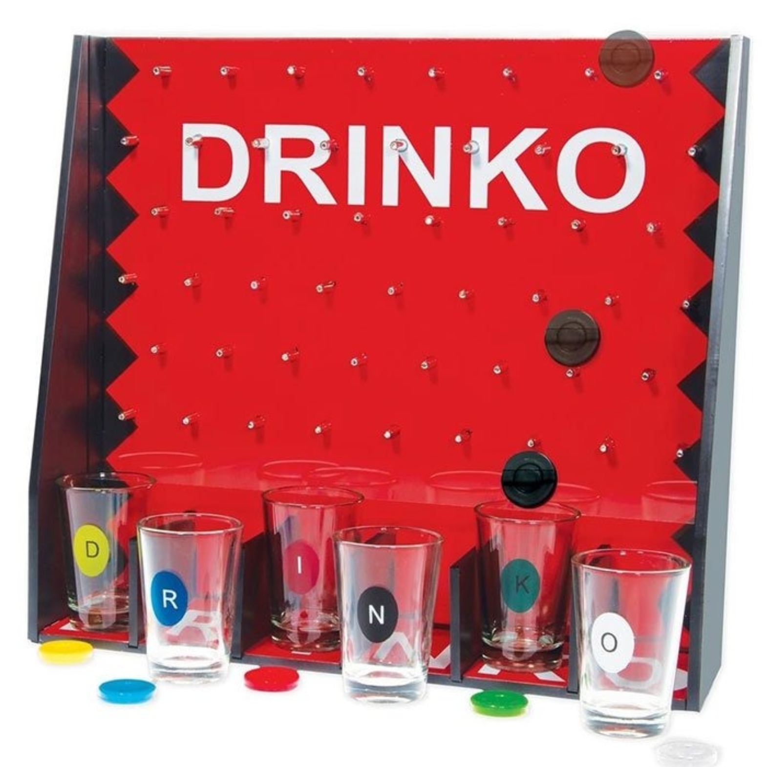 Close-up of the Drinko Shot Game pegboard showing a chip falling into a winning shot glass.
