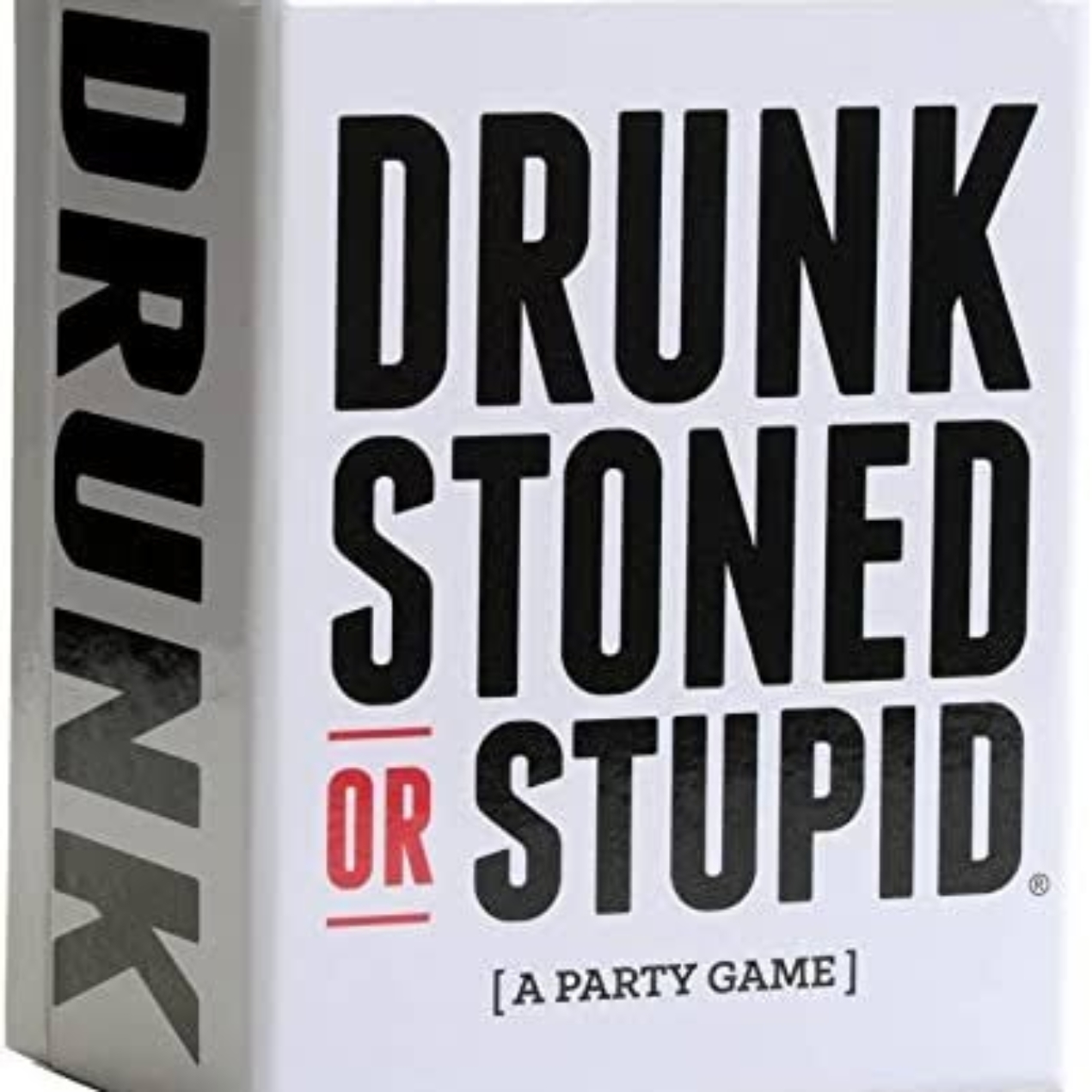 The Drunk stoned or stupid card game box and cards displayed for a party setting.