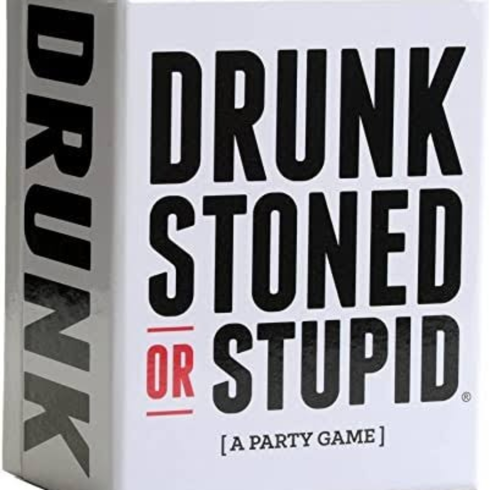 The Drunk stoned or stupid card game box and cards displayed for a party setting.
