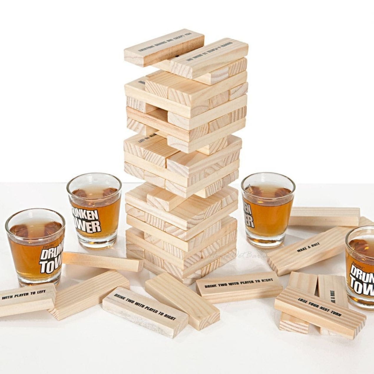A high-quality Drunken Jenga wooden block tower setup from Boards Games & Cards Kenya.