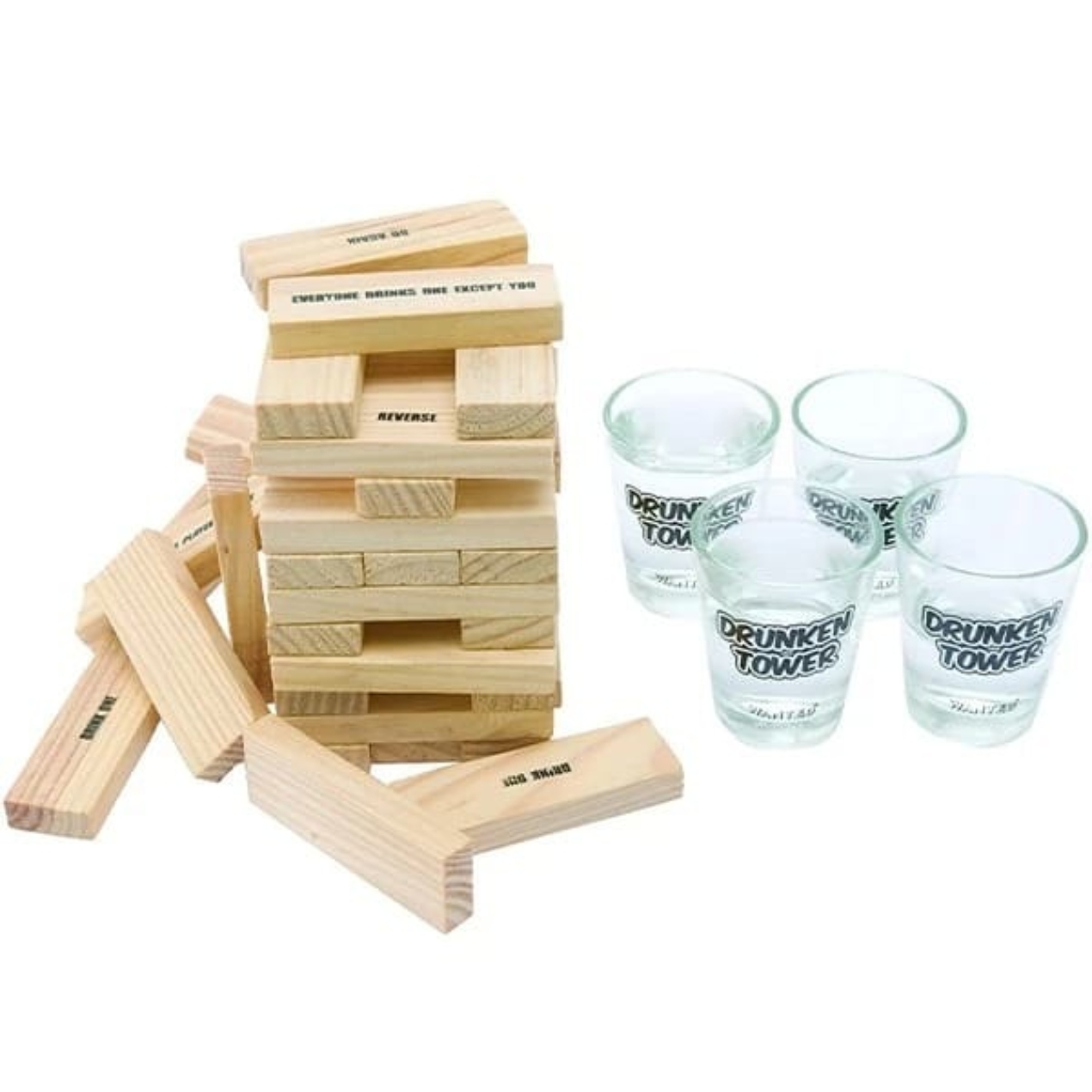 Close-up of precision-crafted wooden blocks from the Drunken Jenga strategy game.
