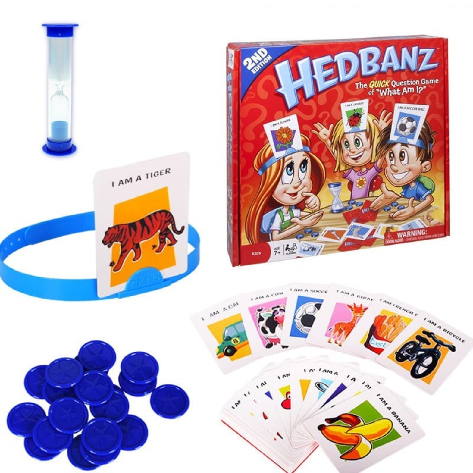 Close-up of Hedbanz game pieces and colorful headbands available for purchase at Boards Games & Cards.